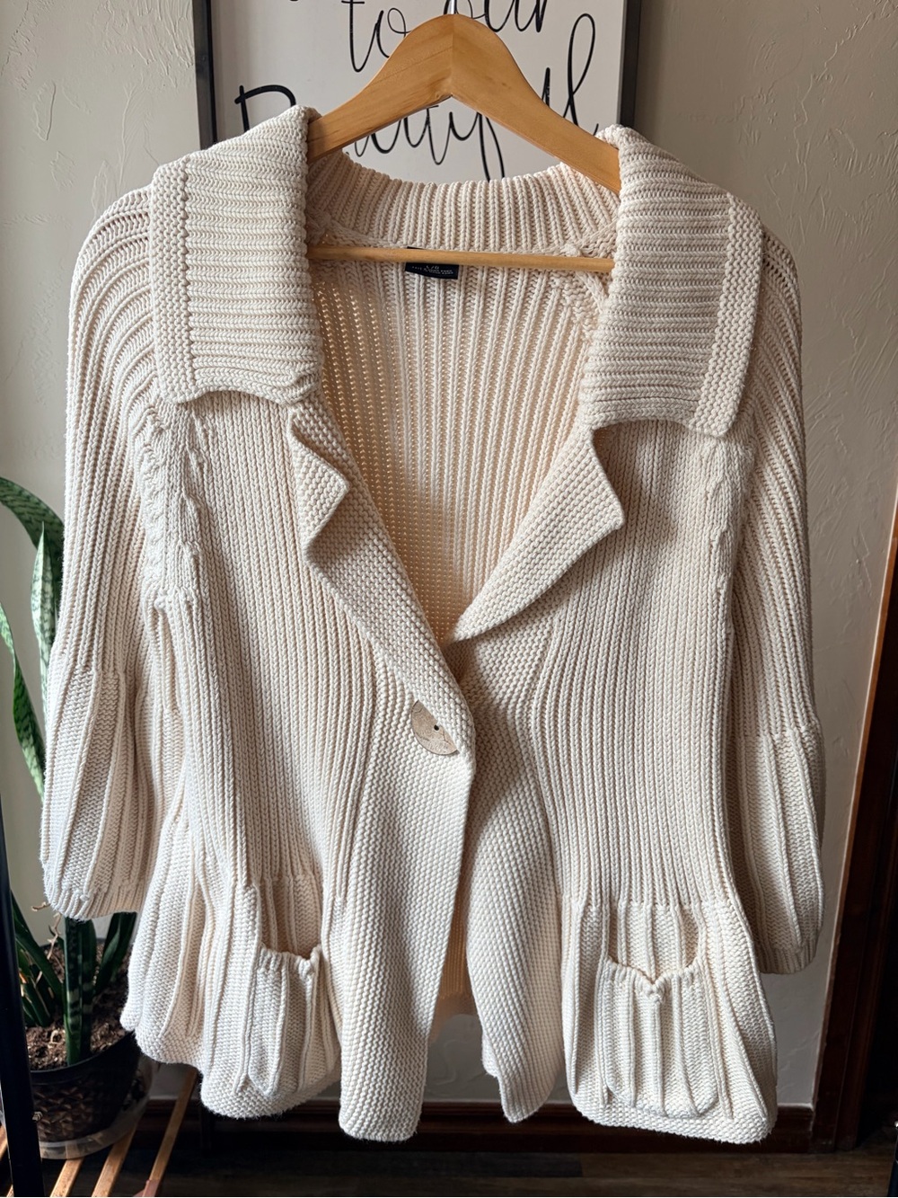 Tribal Cream Cable Knit Ribbed Collared Cotton Cardigan Boho Library Sweater SzL